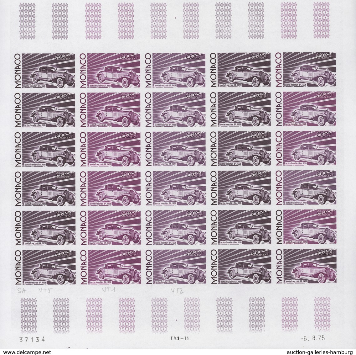Monaco: 1973/1977, IMPERFORATE COLOUR PROOFS, MNH collection of 38 complete sheets (=1.040 proofs),
