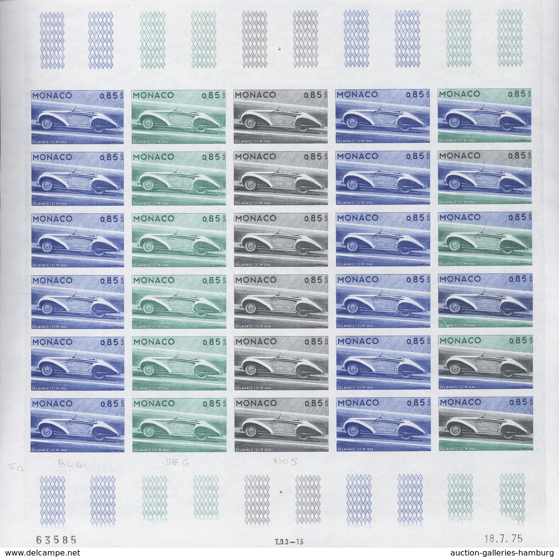 Monaco: 1973/1977, IMPERFORATE COLOUR PROOFS, MNH collection of 38 complete sheets (=1.040 proofs),