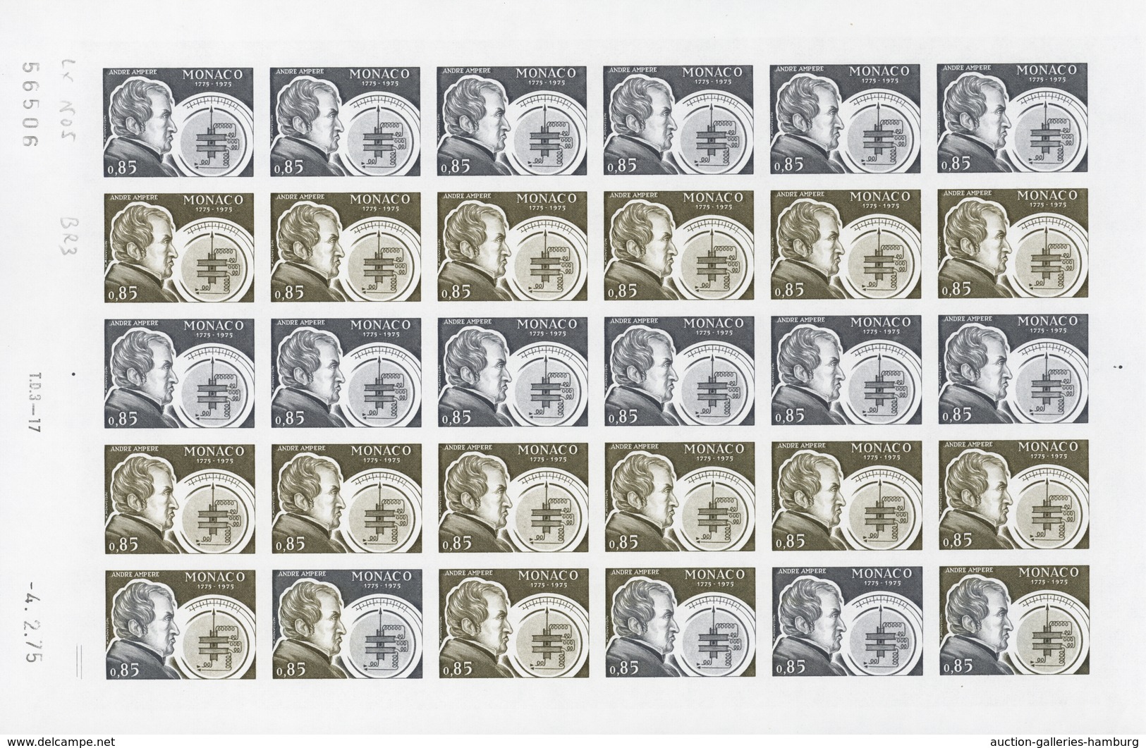 Monaco: 1973/1977, IMPERFORATE COLOUR PROOFS, MNH collection of 38 complete sheets (=1.040 proofs),