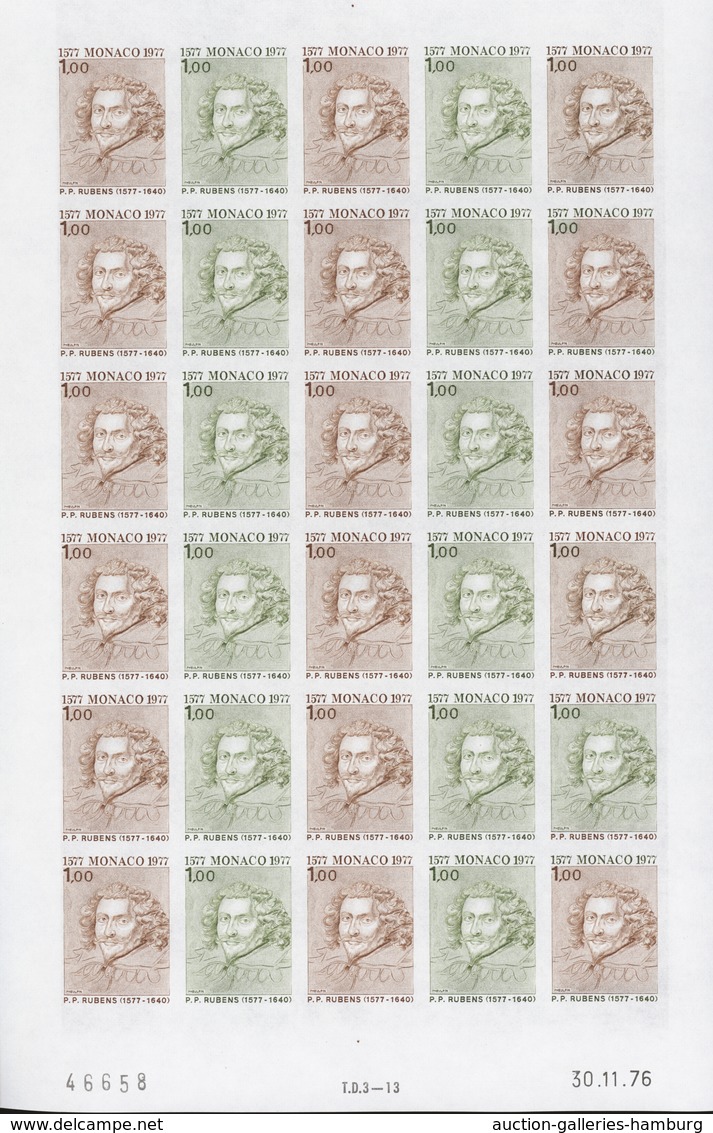 Monaco: 1973/1977, IMPERFORATE COLOUR PROOFS, MNH collection of 38 complete sheets (=1.040 proofs),