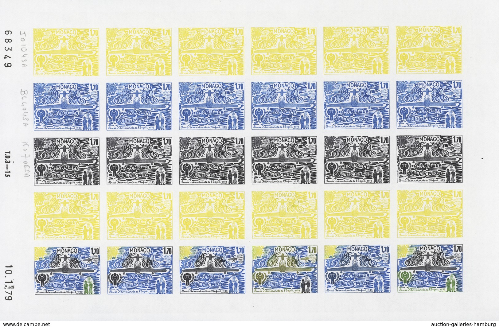 Monaco: 1973/1977, IMPERFORATE COLOUR PROOFS, MNH collection of 38 complete sheets (=1.040 proofs),