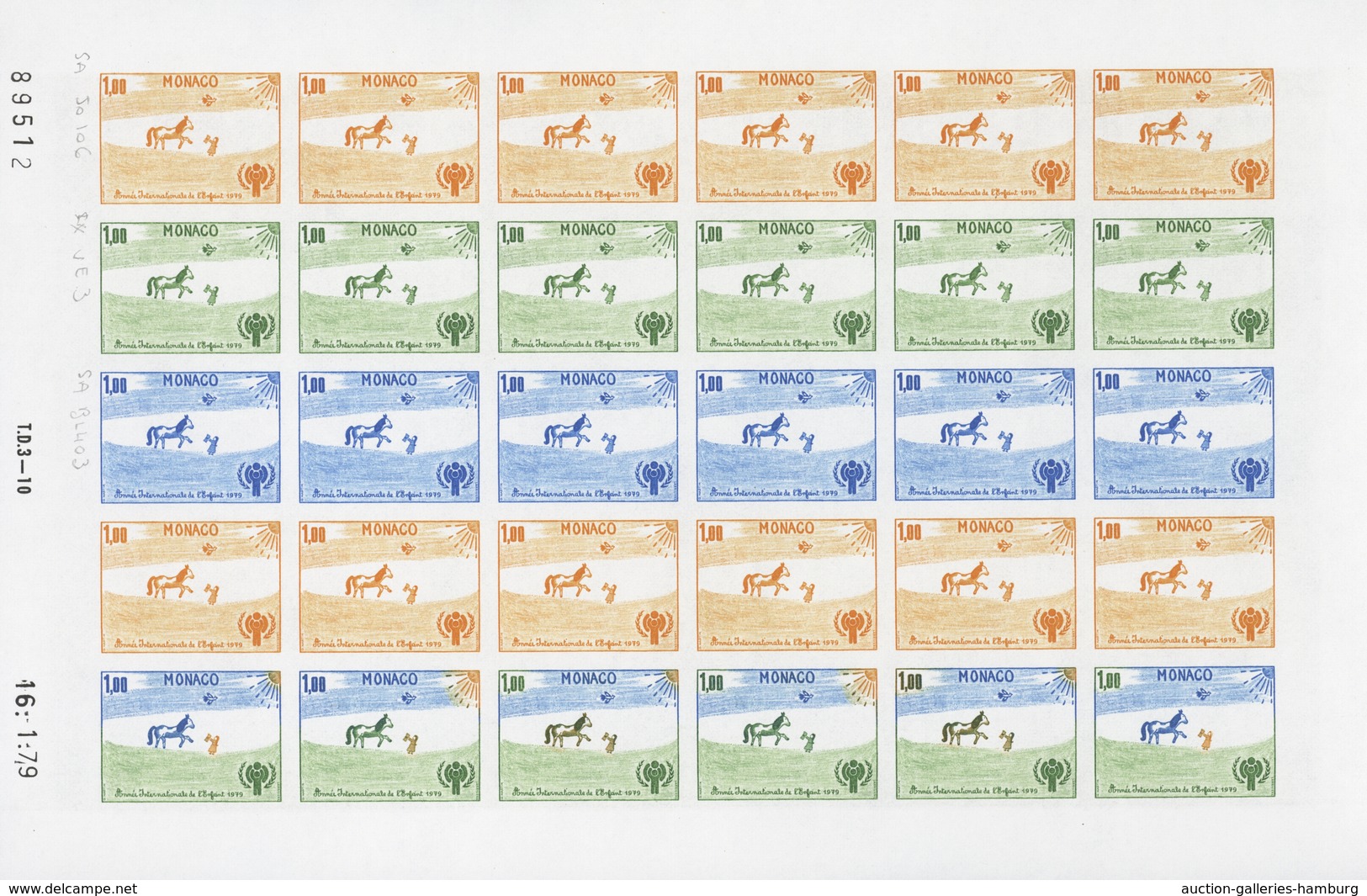 Monaco: 1973/1977, IMPERFORATE COLOUR PROOFS, MNH collection of 38 complete sheets (=1.040 proofs),