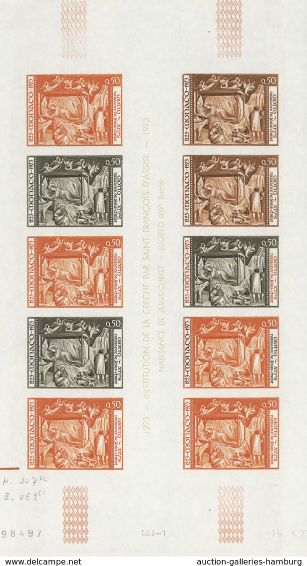 Monaco: 1973/1977, IMPERFORATE COLOUR PROOFS, MNH collection of 38 complete sheets (=1.040 proofs),