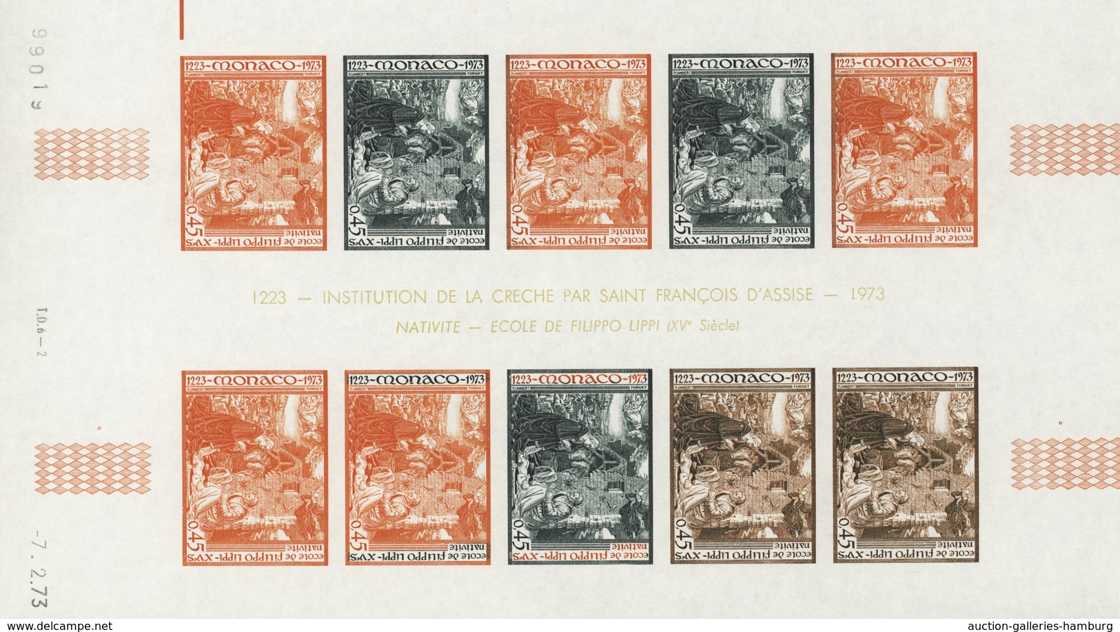 Monaco: 1973/1977, IMPERFORATE COLOUR PROOFS, MNH collection of 38 complete sheets (=1.040 proofs),