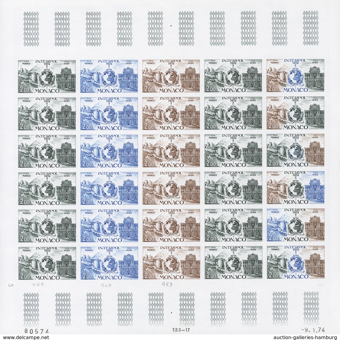 Monaco: 1973/1977, IMPERFORATE COLOUR PROOFS, MNH collection of 38 complete sheets (=1.040 proofs),