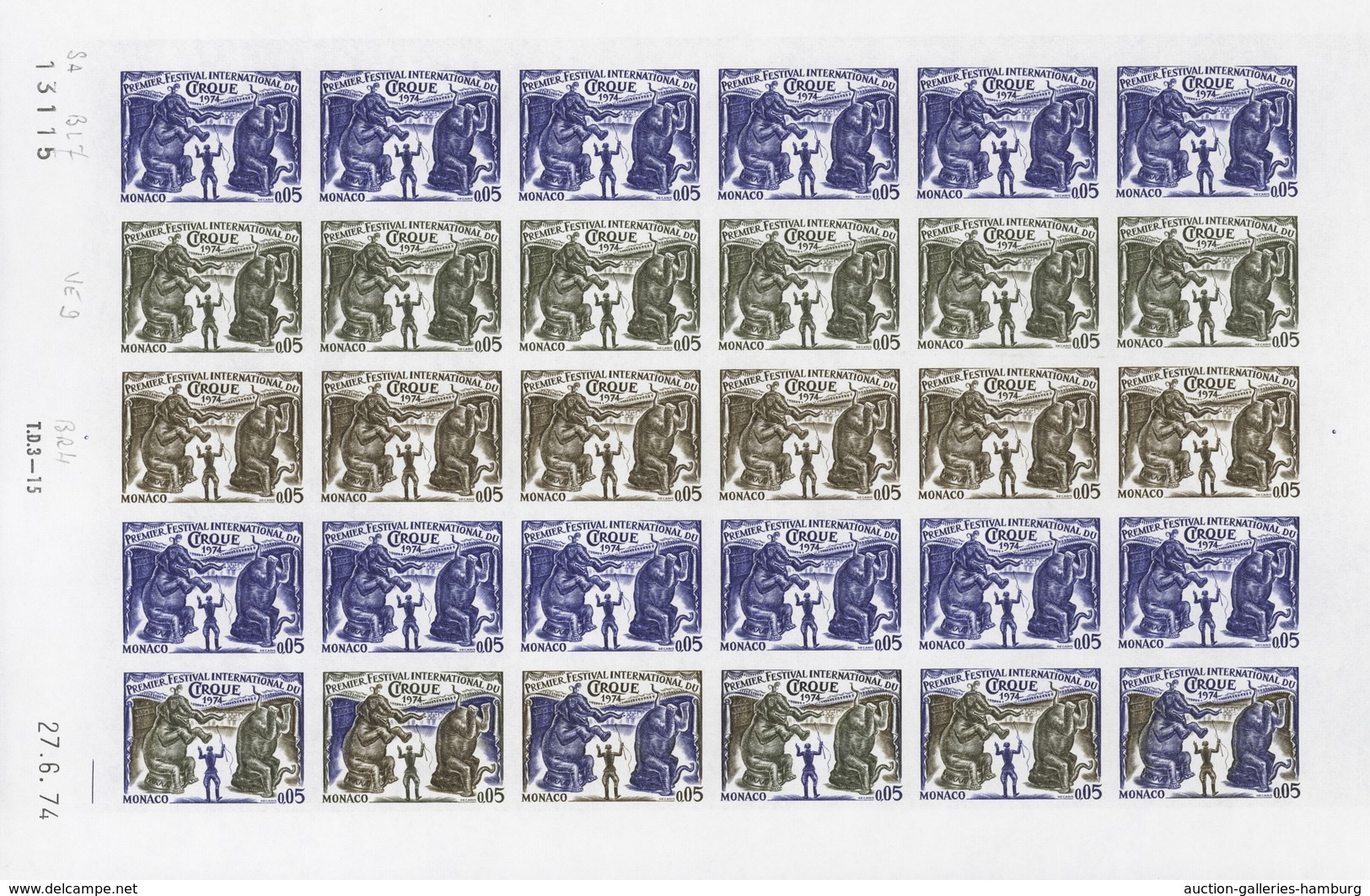 Monaco: 1973/1977, IMPERFORATE COLOUR PROOFS, MNH collection of 38 complete sheets (=1.040 proofs),