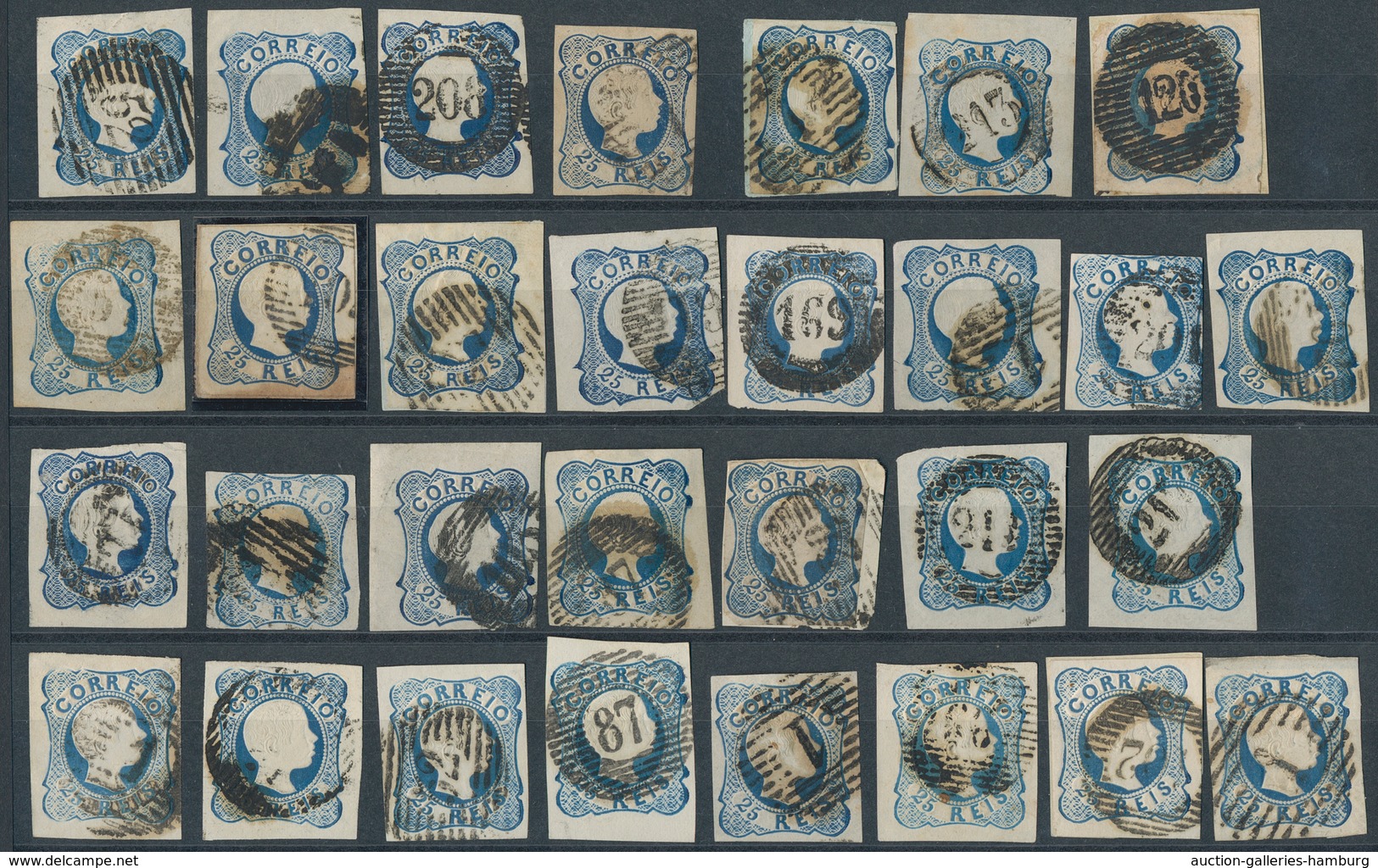 Portugal: 1856, Pedro 25 R. Blue, Double Lines, Ca. 290 Used Copies, Often With Nice Margins, Colour - Covers & Documents