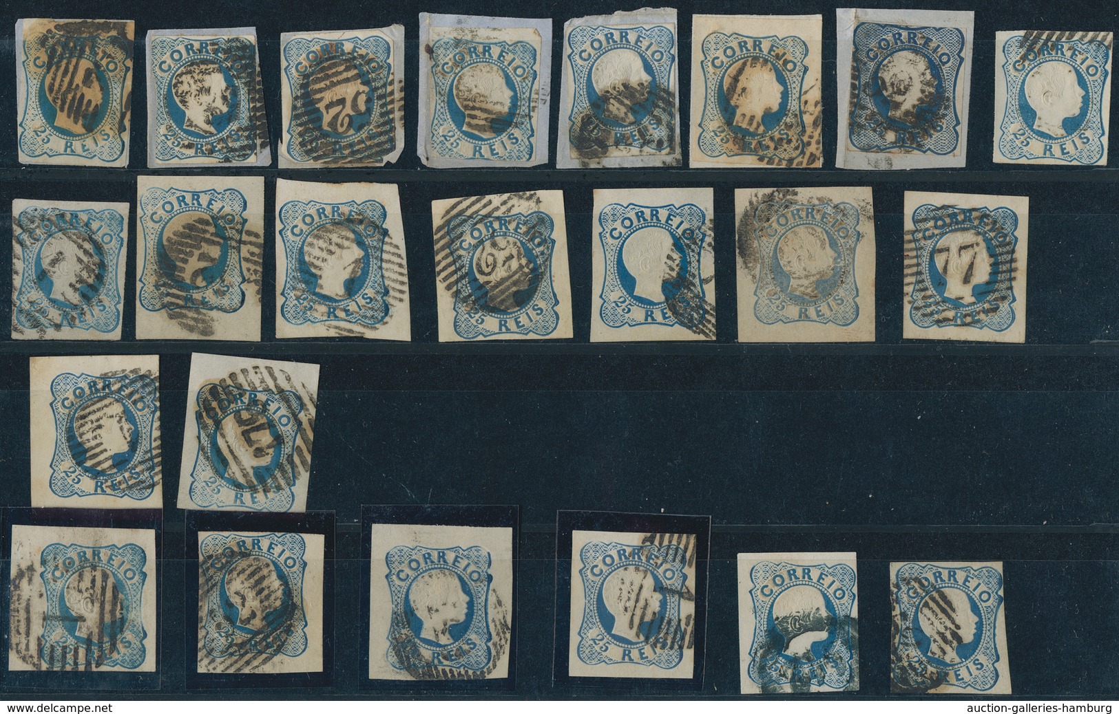 Portugal: 1856, Pedro 25 r. blue, double lines, ca. 290 used copies, often with nice margins, colour