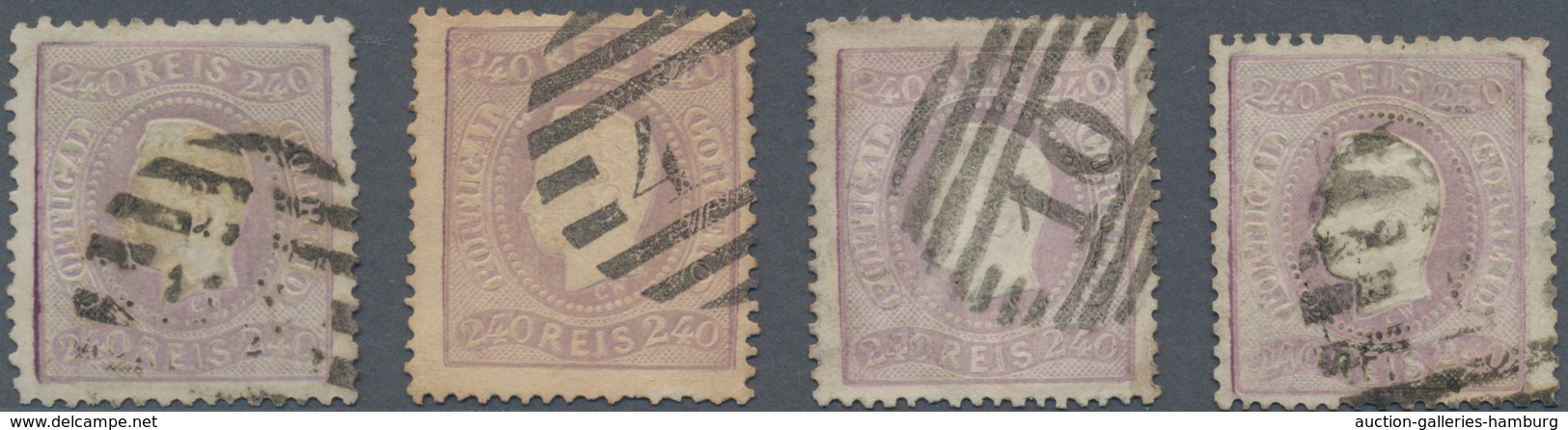 Portugal: 1870, Luis I. "Fita Curva" Perforated 240 R. Purple, Lot Of Four Used Copies Of This Rare - Covers & Documents