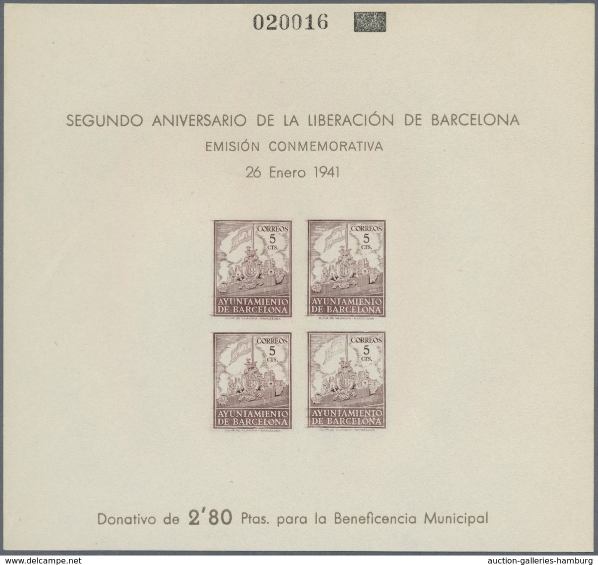 Spanien - Zwangszuschlagsmarken Für Barcelona: 1941, Coat Of Arms With Flag At Top Of Town Gate Of B - War Tax