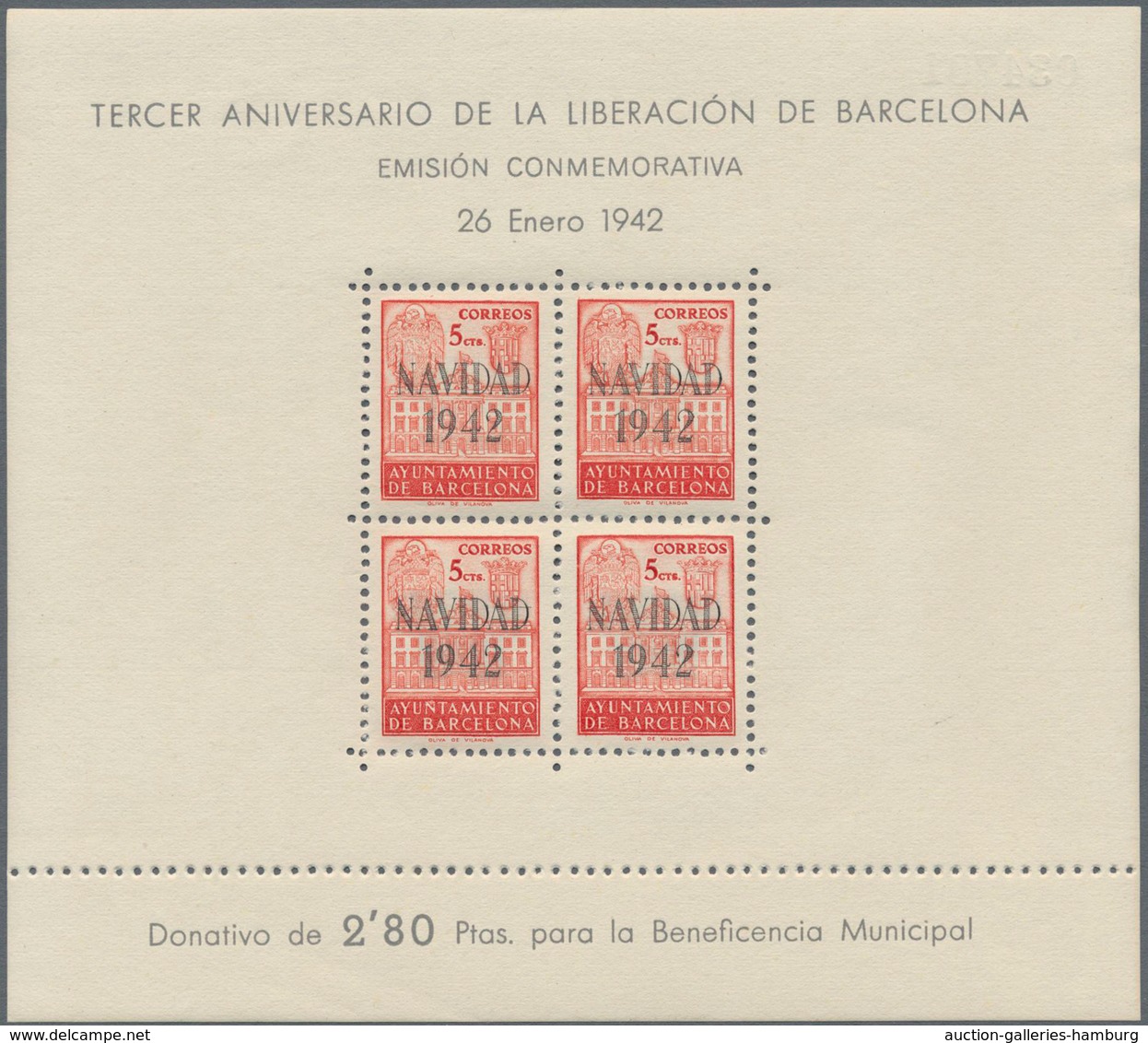 Spanien - Zwangszuschlagsmarken Für Barcelona: 1942, Town Hall Of Barcelona Miniature Sheets 4 X 5c. - Kriegssteuermarken