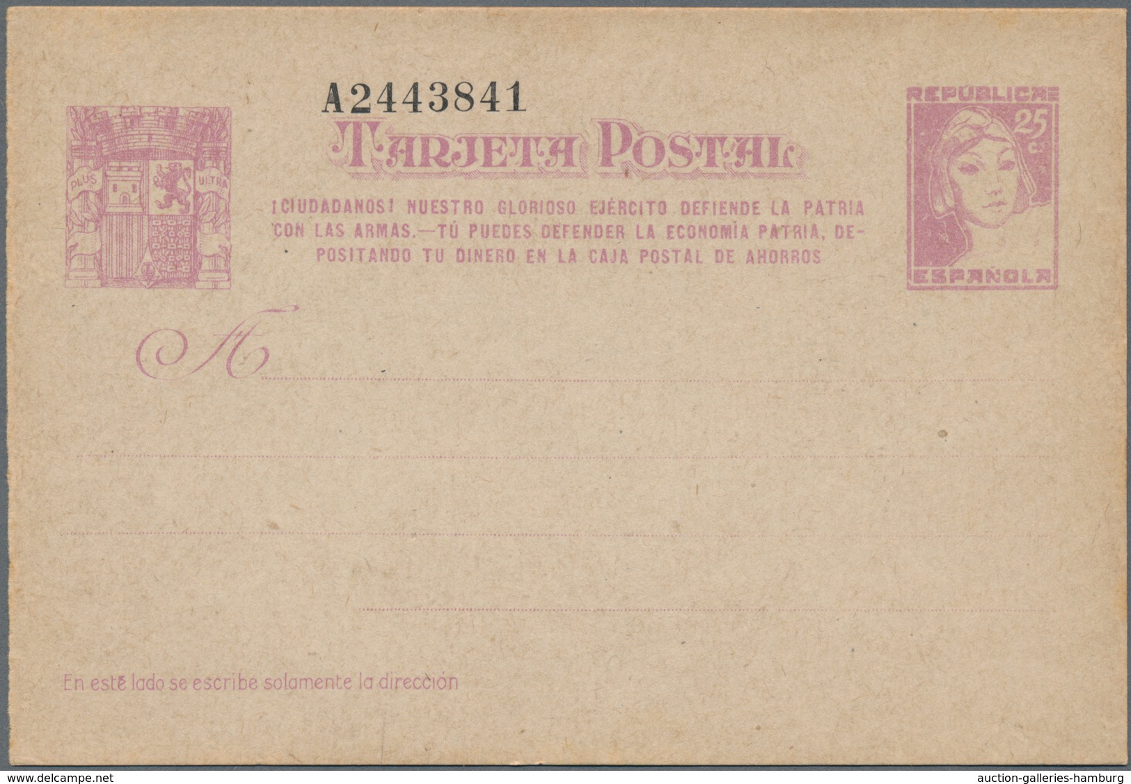 Spanien - Ganzsachen: 1937, Stat. Postcard ‚Matrona‘ 25c. Lilac With Additional Three-line Annotatio - 1850-1931