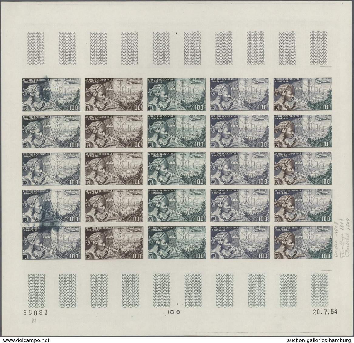 Französisch-Westafrika: 1954/1958, IMPERFORATE COLOUR PROOFS, MNH Assortment Of Ten Complete Sheets - Other & Unclassified