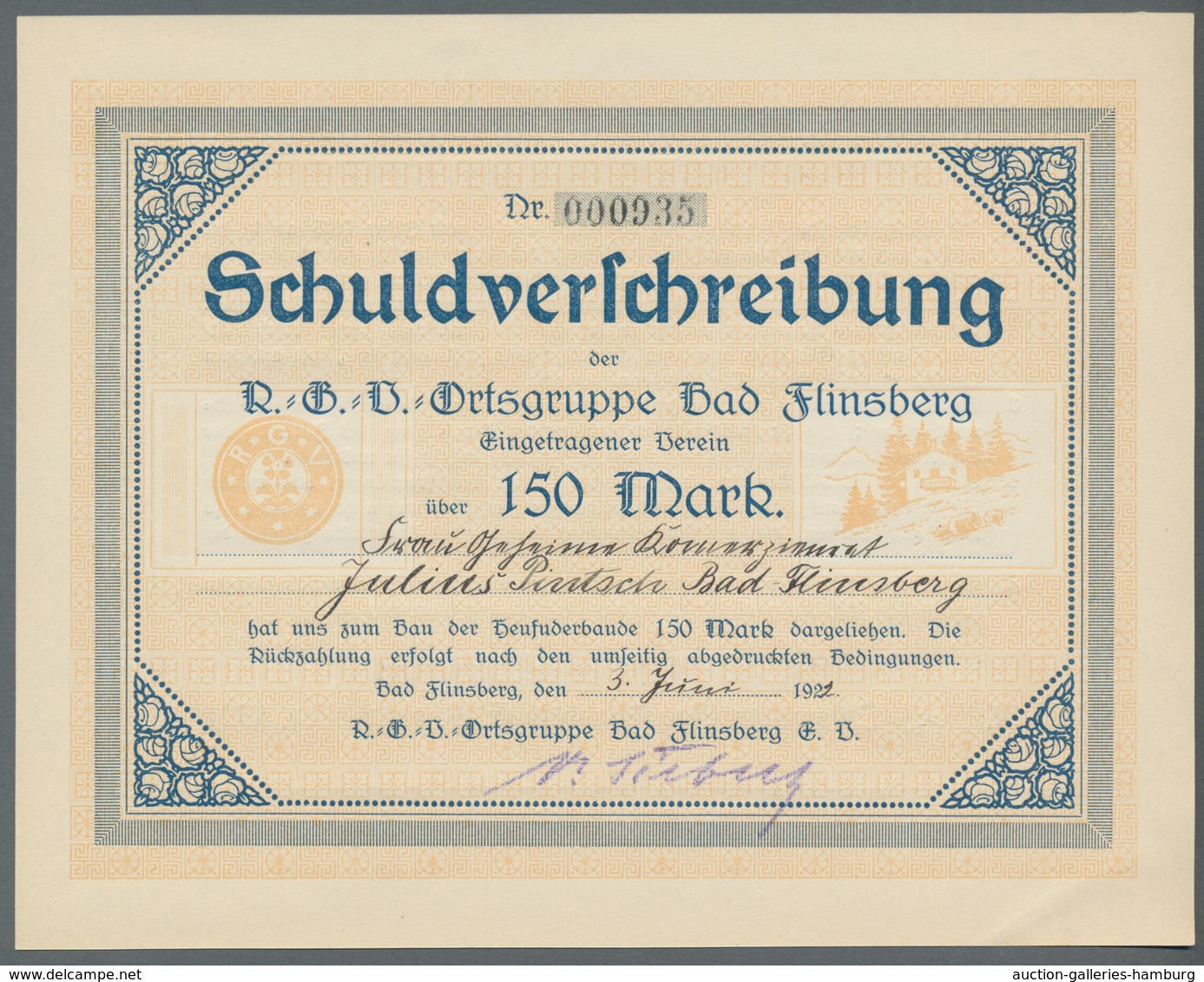 Alte Aktien / Wertpapiere: 1922, Schuldverschreibung über 150,- Mark Der "R.G.V.-Ortsgruppe Bad Flin - Sonstige & Ohne Zuordnung