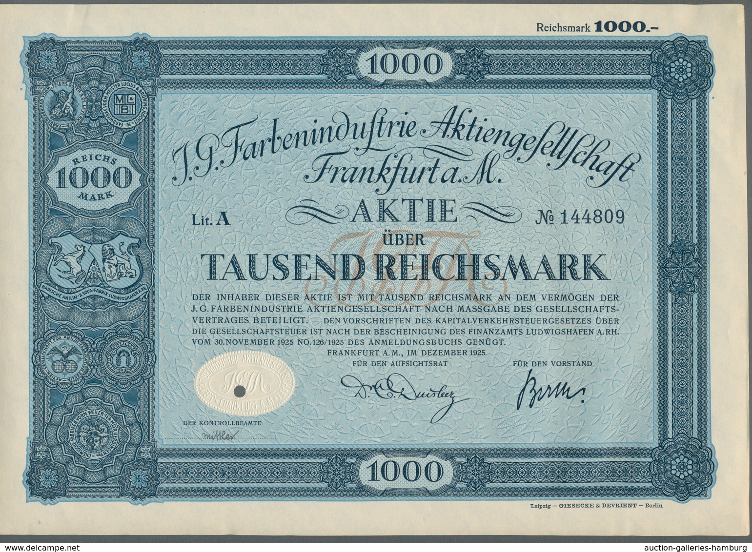 Alte Aktien / Wertpapiere: 1925-1936, Zwei Attraktive Aktien: 1000 RM I.G. Farben 1925 Und 100 RM No - Other & Unclassified