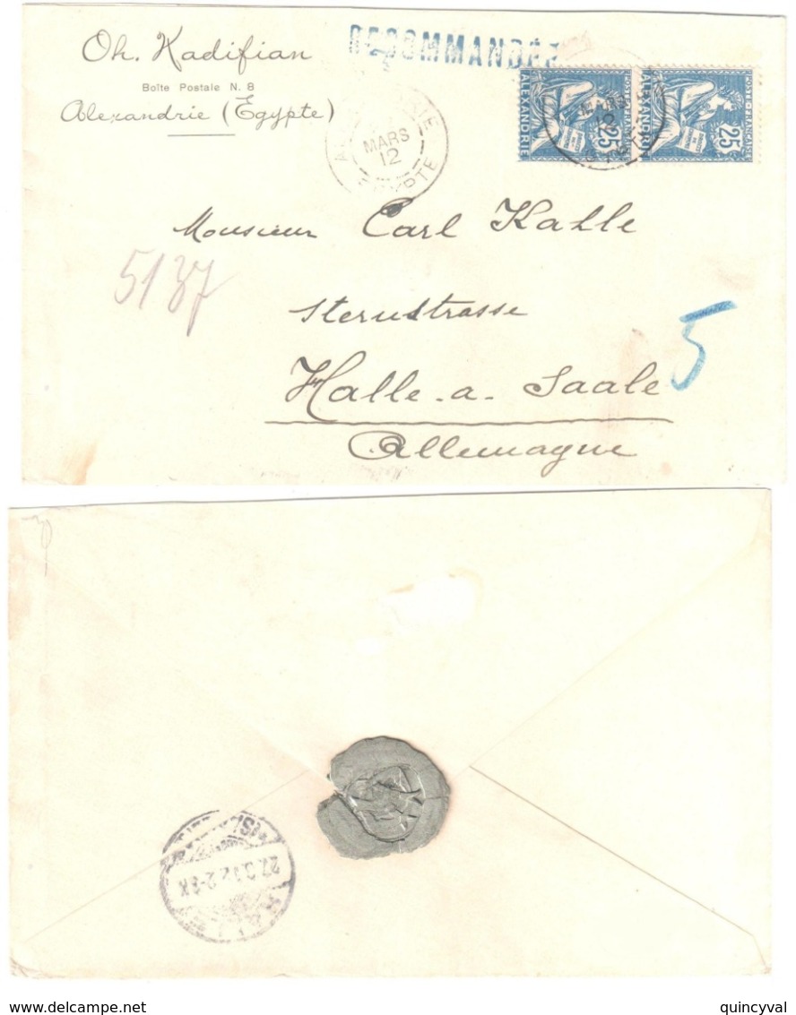 ALEXANDRIE Egypte Lettre Recommandée Pour étranger Halle Allemagne Entête Kadifian BP 8 25c Mouchon Yv 27 Ob 22 3 12 - Briefe U. Dokumente