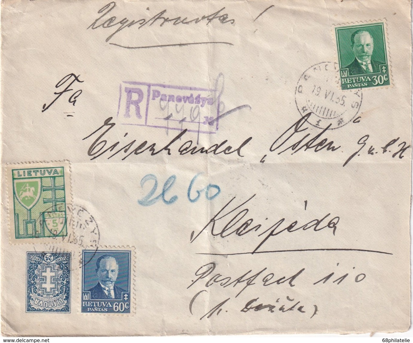 LITUANIE 1935 LETTRE RECOMMANDEE DE PANEVEZYS AVEC CACHET ARRIVEE KLAIPEDA - Lituania