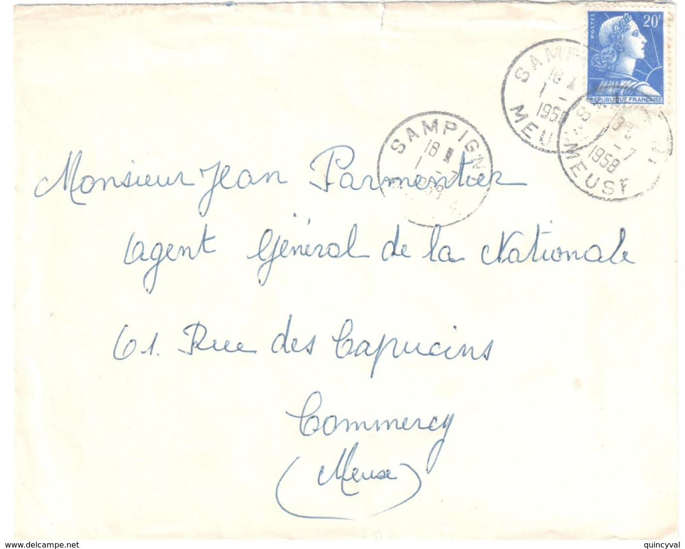 SAMPIGNY Meuse   Lettre 20 F Muller Bleu Yv 1011B Ob 1 7 1958 Dest Commercy - Brieven En Documenten