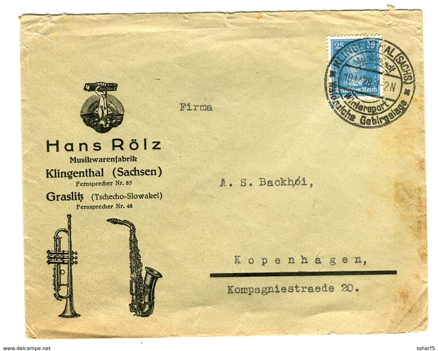 Beautiful SAXOPHONE TRUMPET Illustrated Business Cover 1928 Hans Rölz Musikwarenfabriek Klingenthal Sachsen Graslitz - Covers & Documents