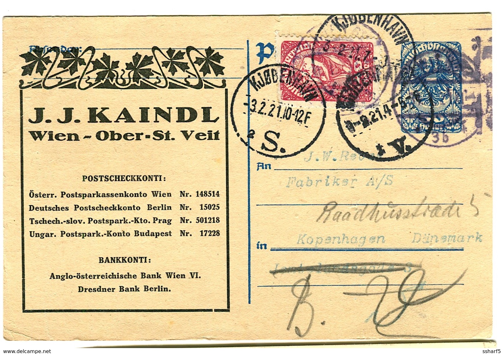 Ganzmachen Mit Briefmarke Nach Dänemark J.J.KAINDL 1921 - Other & Unclassified