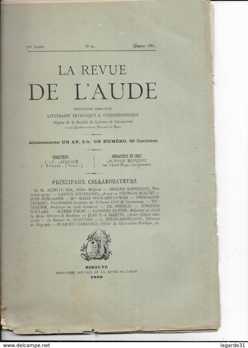 Rare La Revue De L'aude Janvier 1887 - Ribaute - Revues Anciennes - Avant 1900