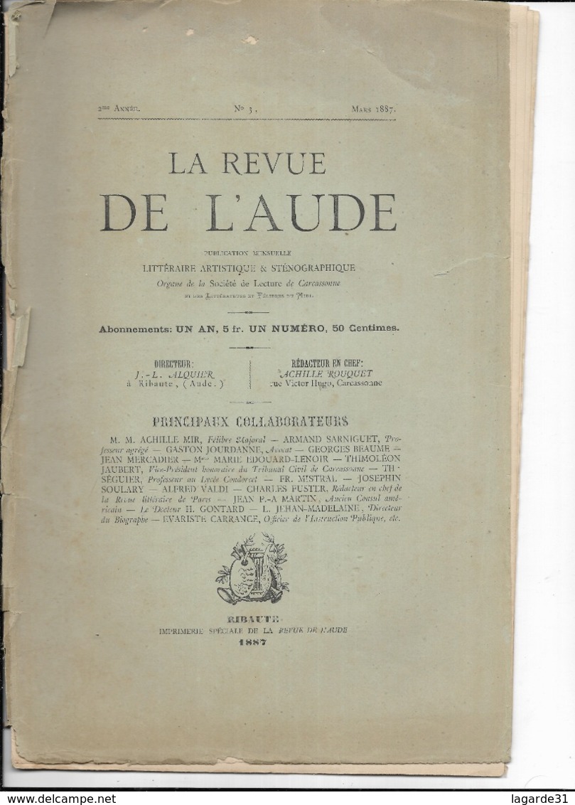 Rare La Revue De L'aude Mars  1887 - Ribaute ( Couverture Détachée ) - Revues Anciennes - Avant 1900