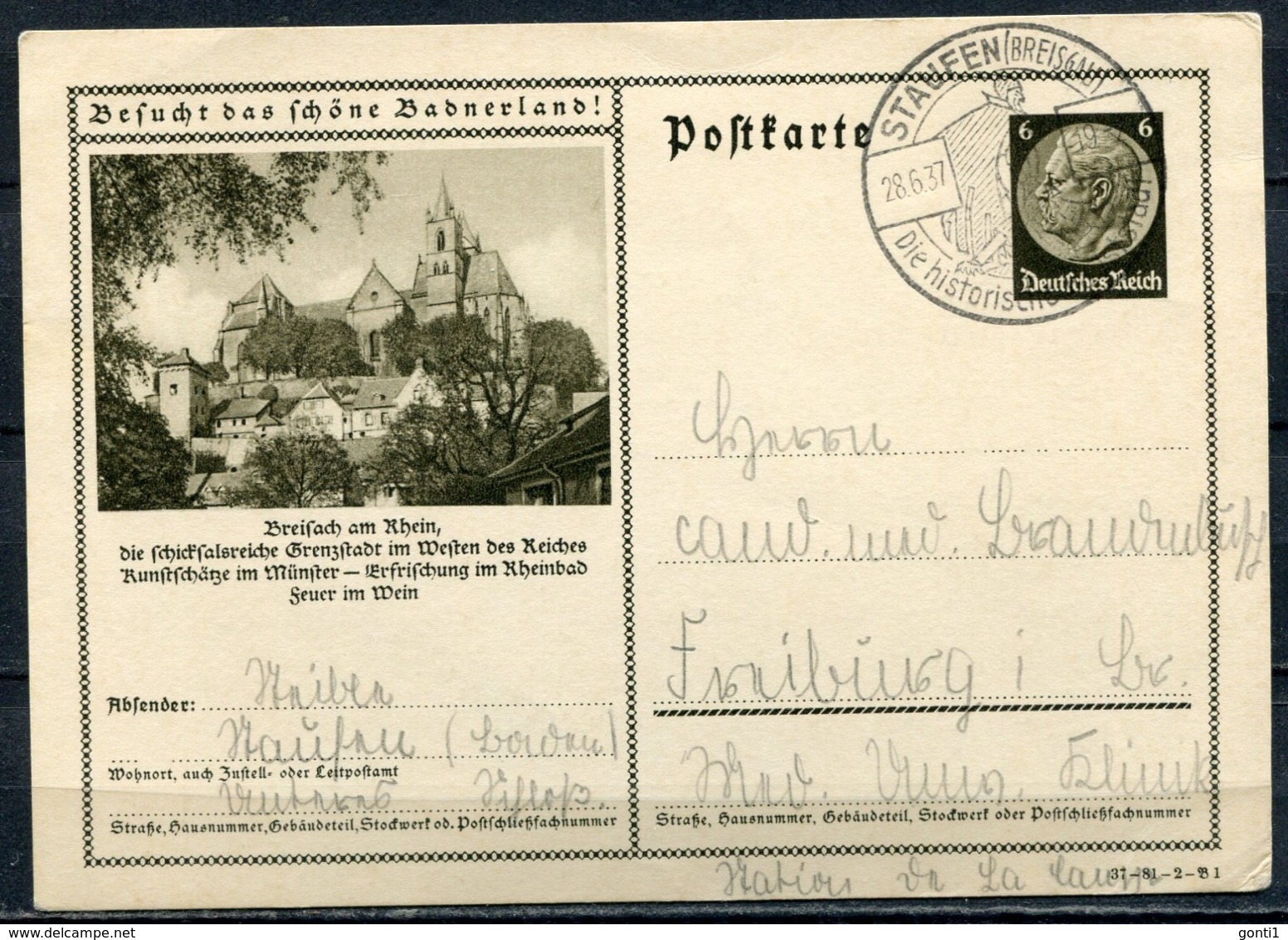 German Empires 1937 GS Kopfbild Hindenburg Mi.Nr.P236/37-81-2-B1"Besucht Das Schöne Badnerland-Breisach,Münster"1 GS - Sonstige & Ohne Zuordnung