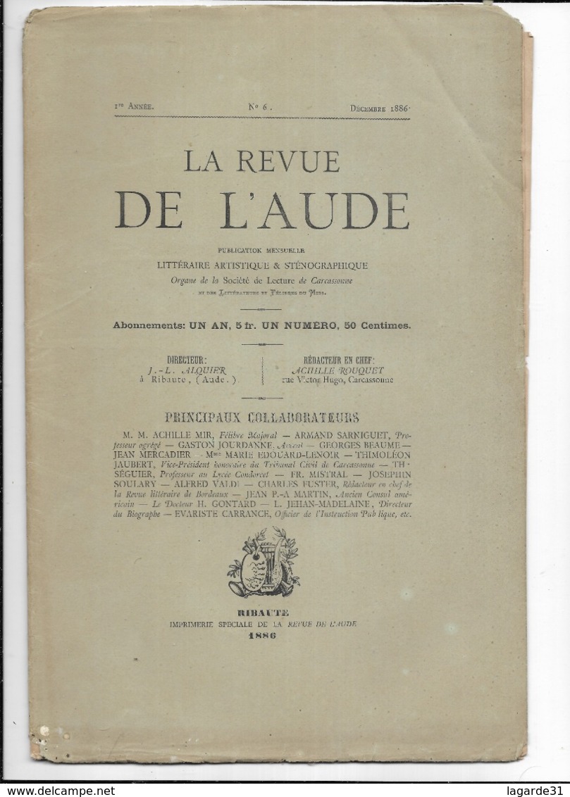 Rare La Revue De L'aude Decembre 1886 - Ribaute - Revues Anciennes - Avant 1900