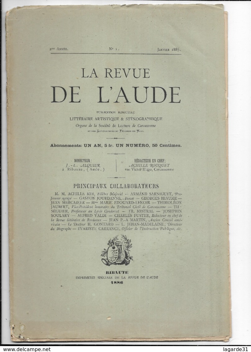 Rare La Revue De L'aude Janvier 1887 - Ribaute - Revues Anciennes - Avant 1900