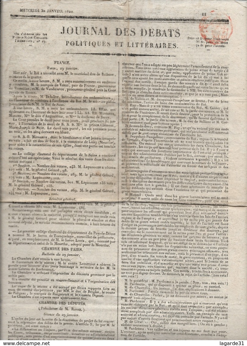Rare Le Journal Des Débats Politiques Et Littéraires - 3 Janvier 1822 - 1800 - 1849