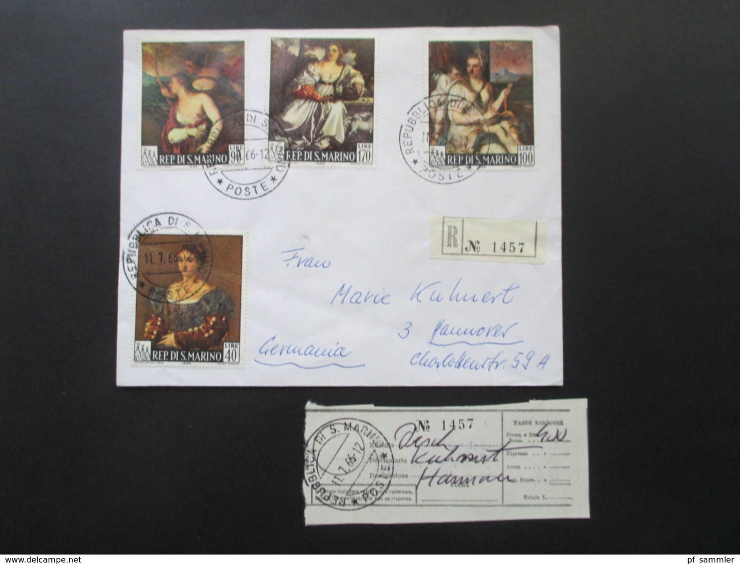 San Marino 1966 Motivmarken Gemälde Von Tiziano Vacello Einschreiben Mit Einlieferungsschein Nach Hannover - Briefe U. Dokumente
