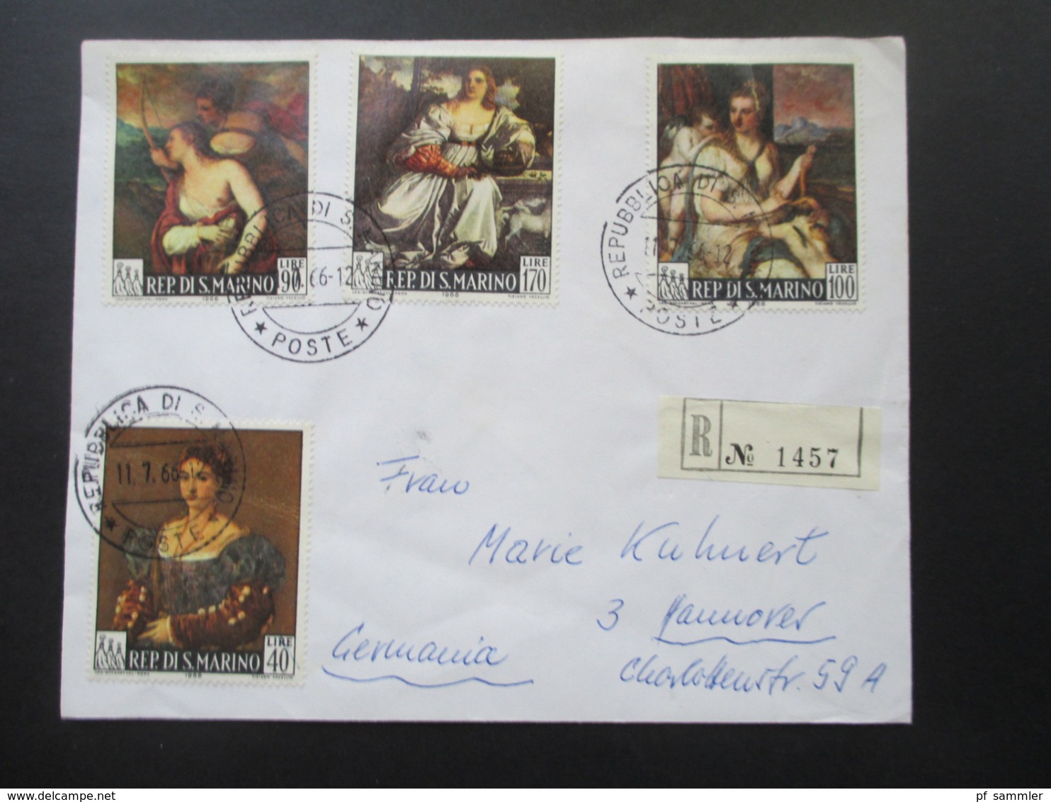 San Marino 1966 Motivmarken Gemälde Von Tiziano Vacello Einschreiben Mit Einlieferungsschein Nach Hannover - Briefe U. Dokumente