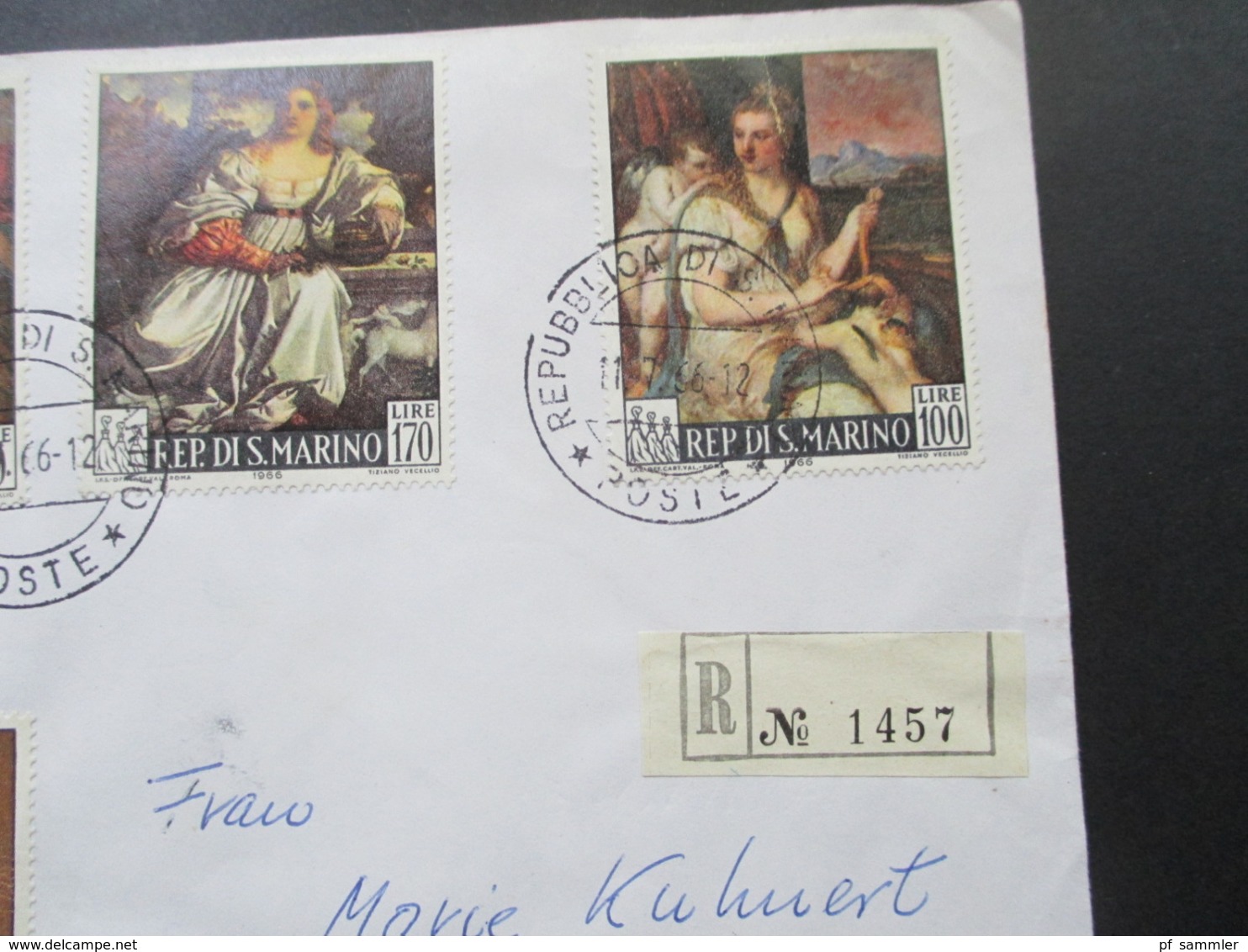 San Marino 1966 Motivmarken Gemälde Von Tiziano Vacello Einschreiben Mit Einlieferungsschein Nach Hannover - Storia Postale