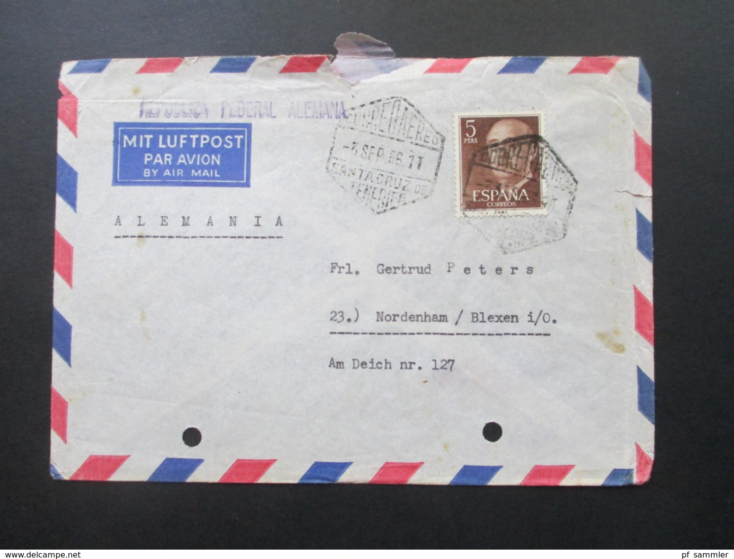 Spanien 1956 Luftpost / Airmail Und Schiffspost Oficial Radiotelegrafista Charlotte Bastian Santa Cruz Tenerife - Briefe U. Dokumente