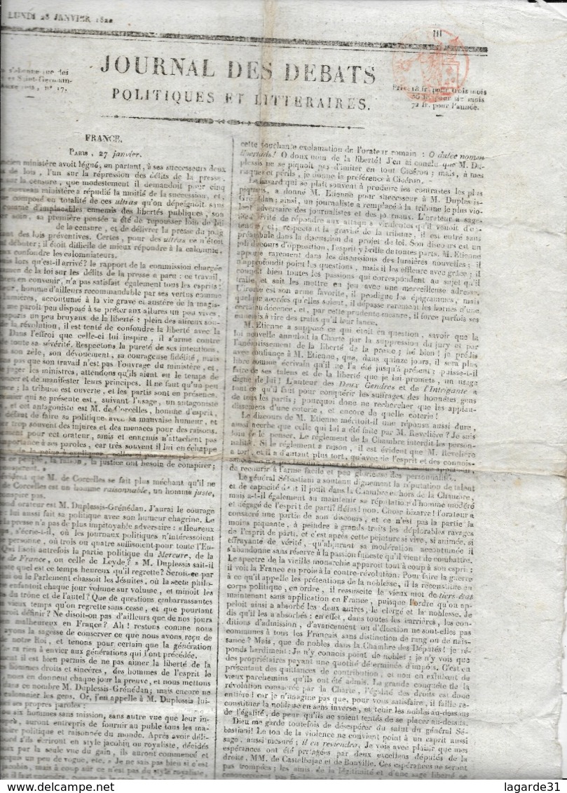 Rare Le Journal Des Débats Politiques Et Littéraires - 25 Janvier 1822 - 1800 - 1849