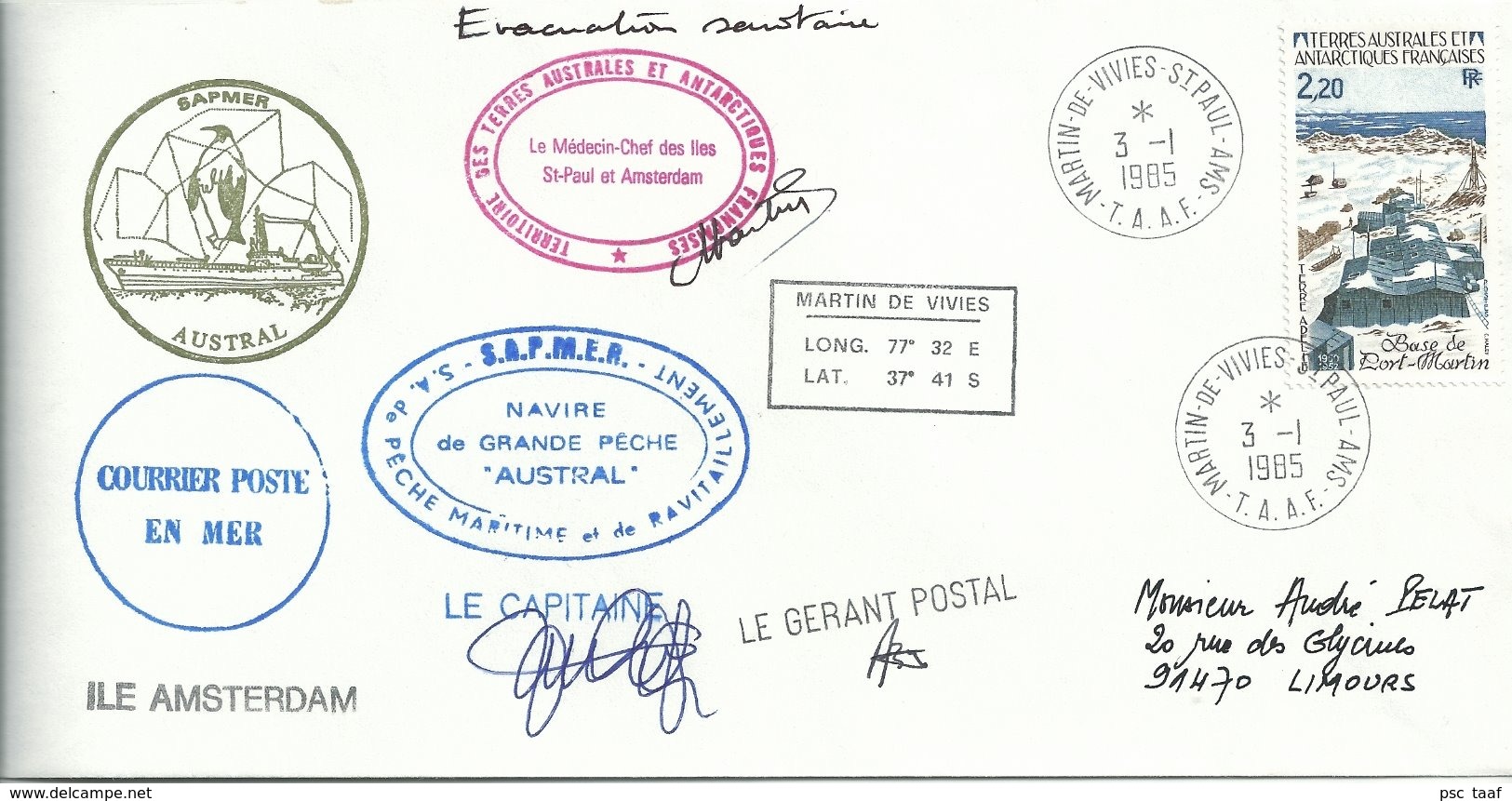 YT 112 Base De Port Martin -posté à Bord De L'Austral - Gérant Postal De Martin De Viviès St Paul Amsterdam - 01/03/1985 - Lettres & Documents