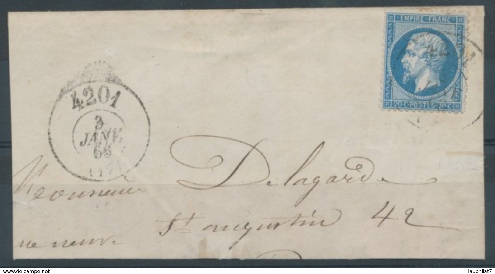 [41136]TB//O/Used-N° 22, Sur Grand Fragment, Obl Du Bureau De Passe 4201 Le 3 Janvier 1866, 1x Sur Le Timbre + 1x Sur Le - 1862 Napoléon III