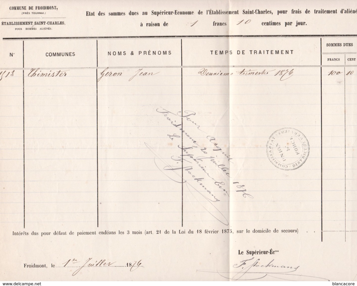 Etablissement SAINT CHARLES à FROIDMONT ( Tournai ) En 1876 Frais De Traitement D'aliénés / RARE - 1800 – 1899