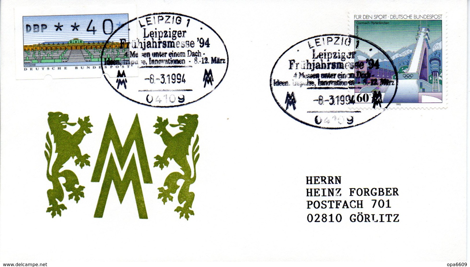 (Bu-B4) BRD Sonder-Umschlag "Leipziger Messe" MiF BRD Mi 1650+ATM SSt 8.3.1994 LEIPZIG 1 - Lettres & Documents