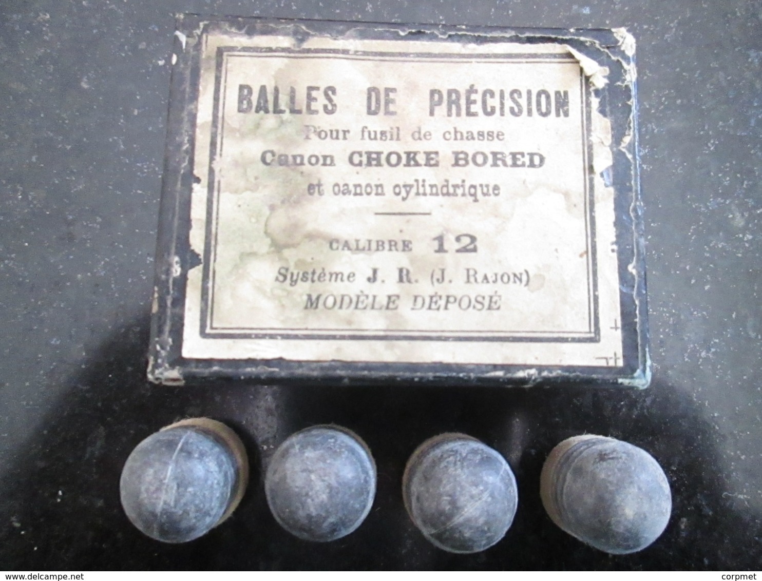 ANCIEN BOÎTE AVEC BALLES DE PRÉCISION FUSIL DE CHASSE -Canon CHOKE BORED Et CANON CYLINDRIQUE - CALIBRE 12 - SYSTÉME J.R - Sammlerwaffen