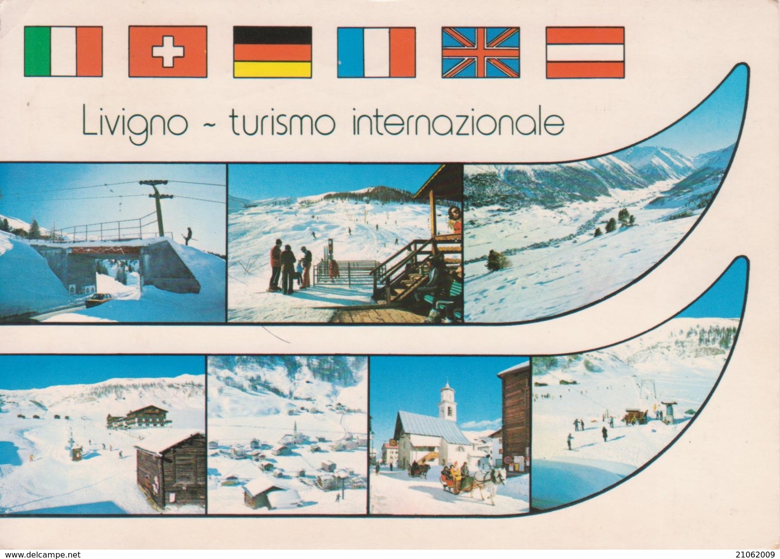 LIVIGNO - VEDUTINE MULTIVUES BANDIERE ITALIA SVIZZERA GERMANIA FRANCIA REGNO UNITO AUSTRIA CAMPI DA SCI - VIAGGIATA 1983 - Altri & Non Classificati