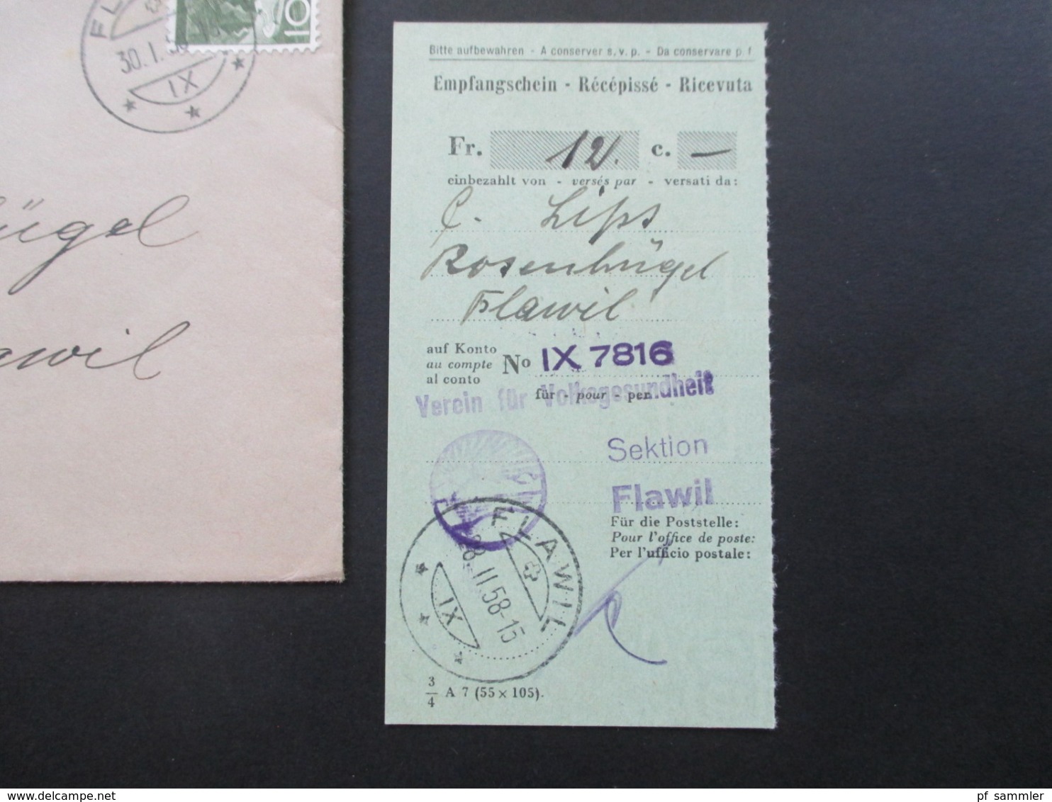 Schweiz 1958 Beleg Des Verein Für Volksgesundheit Sektion Flawill Mit Empfangsschein / Recepisse Ortsbrief - Cartas & Documentos