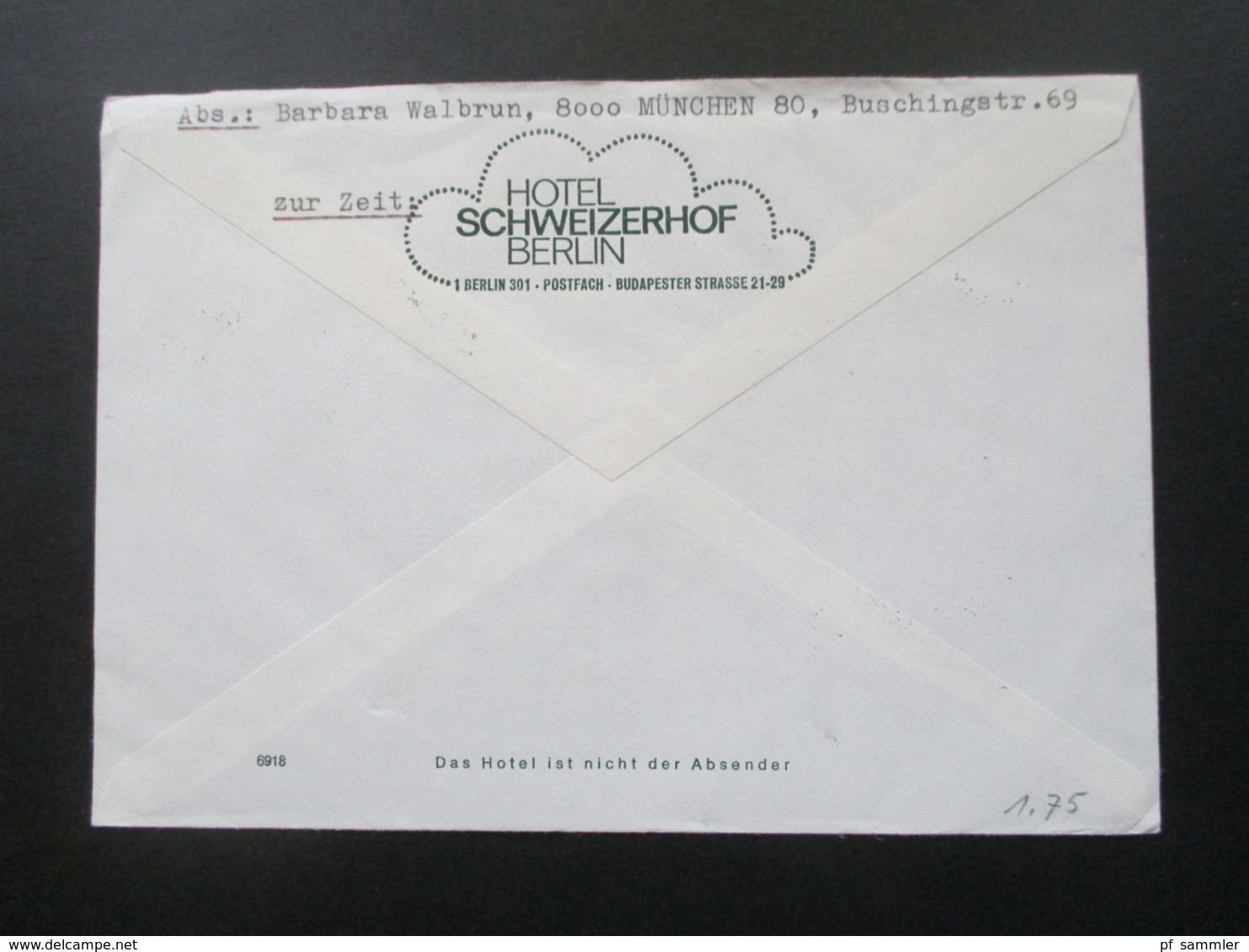 Berlin 1971 SST Historische Ausstellung Umschlag Des Hotel Schweizerhof Berlin Einschreiben Berlin 462 Vn 1 Berlin 12 - Covers & Documents