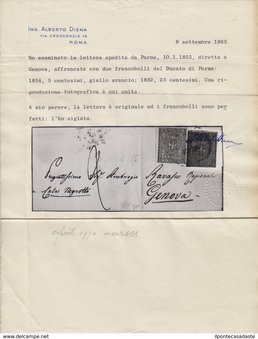 Cover ) PARMA 1855 (10 Gen.) | Lettera Da Parma Per Genova, Affrancata Per 40c. Con 25c. Violetto (I Em.) E 5 - Parma