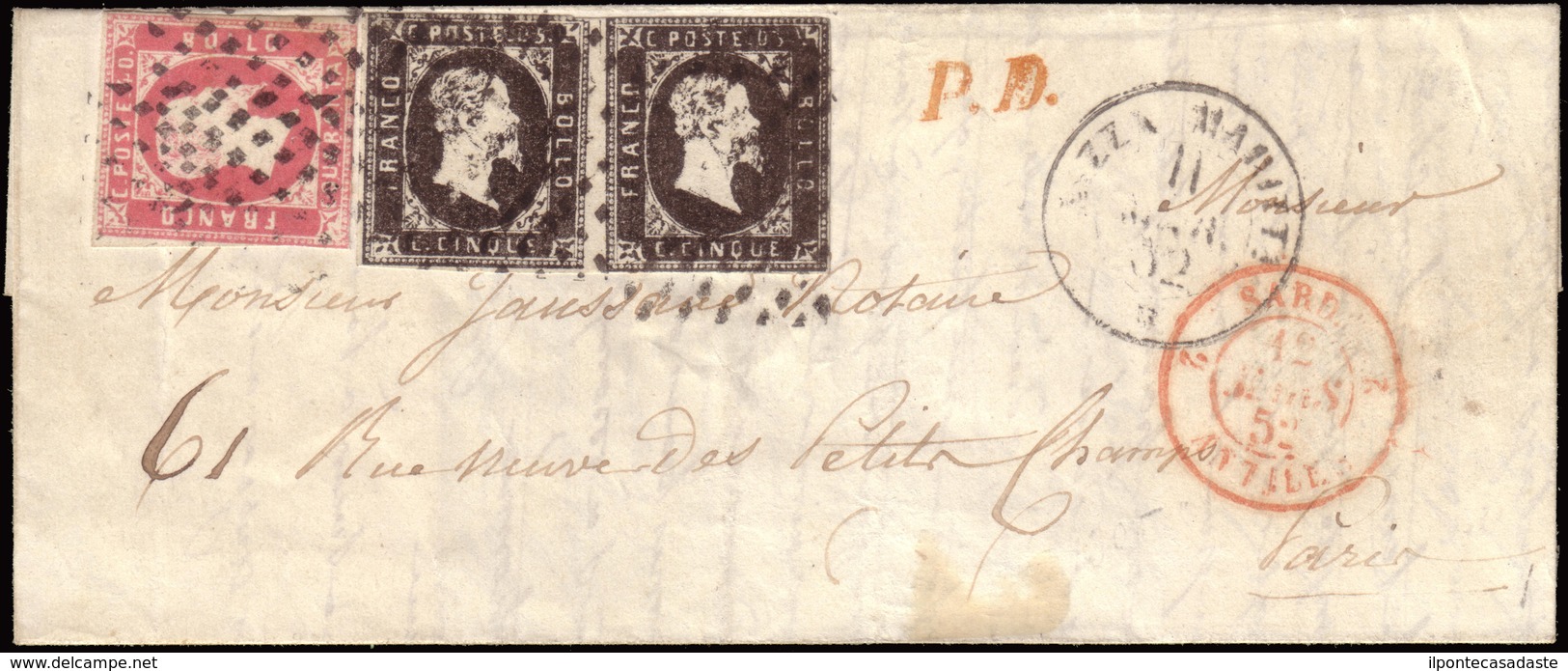 Cover ) SARDEGNA 1852 ( 11 Mar.) | Lettera Con Parte Di Testo Da Nizza Per Parigi Affrancata Per 50c. Con 40c - Sardinien