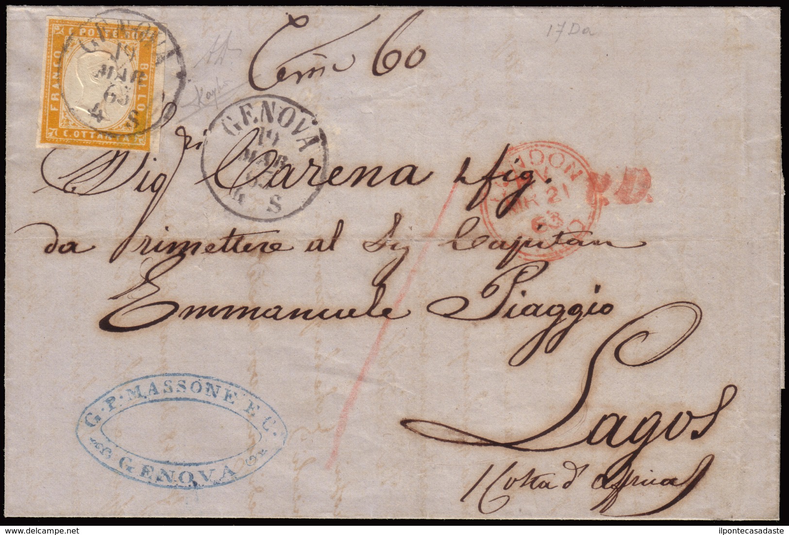 Cover ) SARDEGNA/REGNO D'ITALIA 1863 (19 Mar.) | Lettera Senza Testo, Da Genova, Via Londra, Per Lagos (Niger - Sardinien