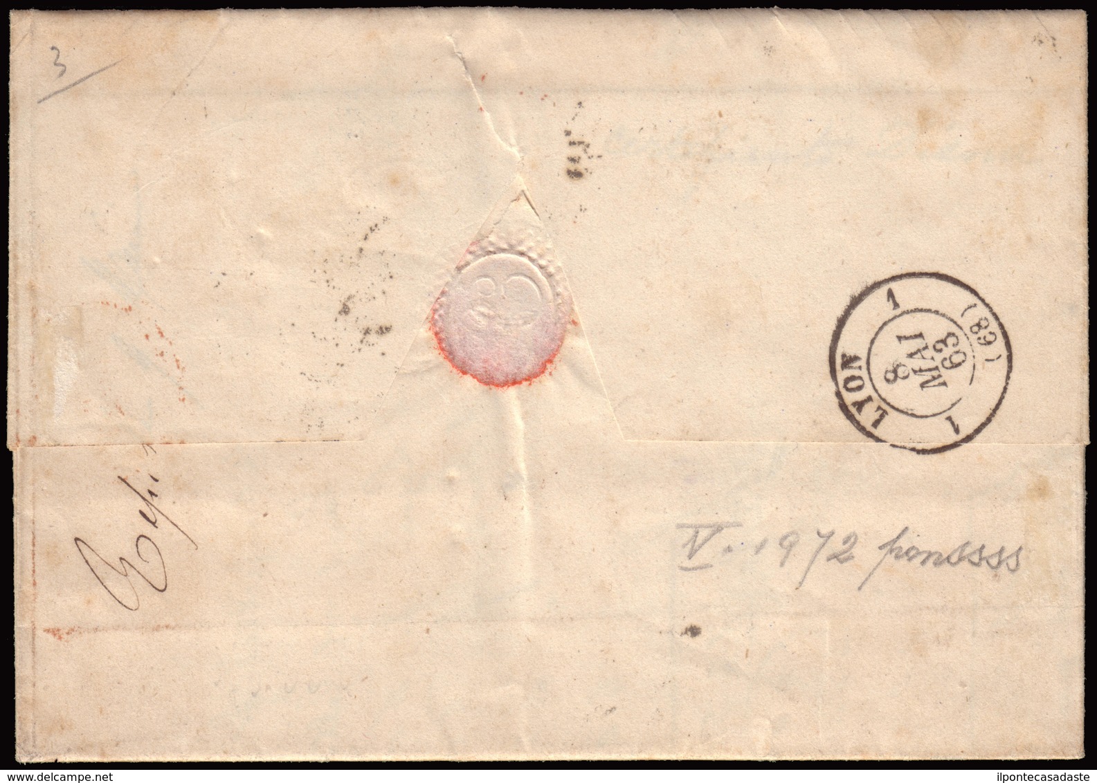 Cover ) REGNO D'ITALIA 1863 (6 Mag.) | Lettera Con Testo Da Genova Per Lione (Francia) Affrancata Con 80c. Gi - Sonstige & Ohne Zuordnung