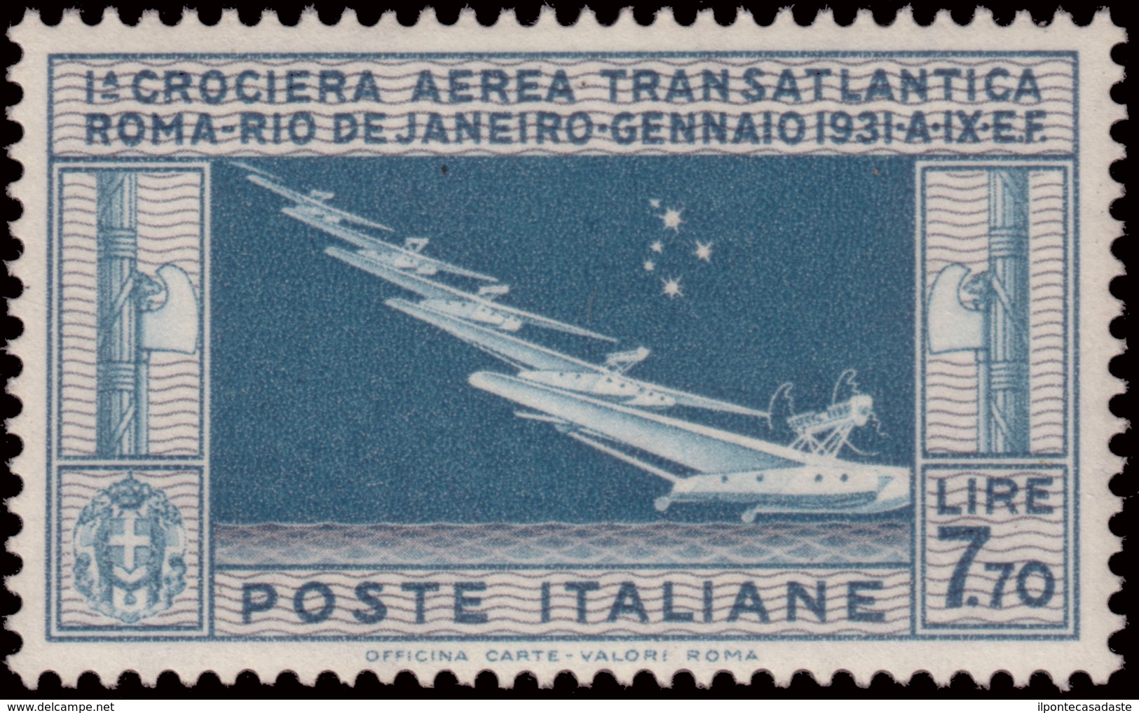 MNH ) REGNO D'ITALIA 1930 | Posta Aerea "Crociera Transatlantica Roma-Rio De Janeiro". 7,70 Lire Celeste E - Altri & Non Classificati