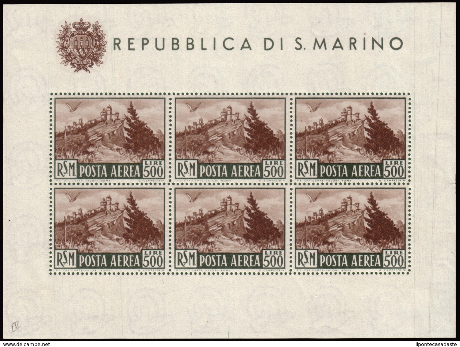 MNH ) SAN MARINO 1951 | Foglietto Posta Aerea. 500 Lire "Veduta". Al Verso Segni Di Conservazione Agli Ango - Sonstige & Ohne Zuordnung