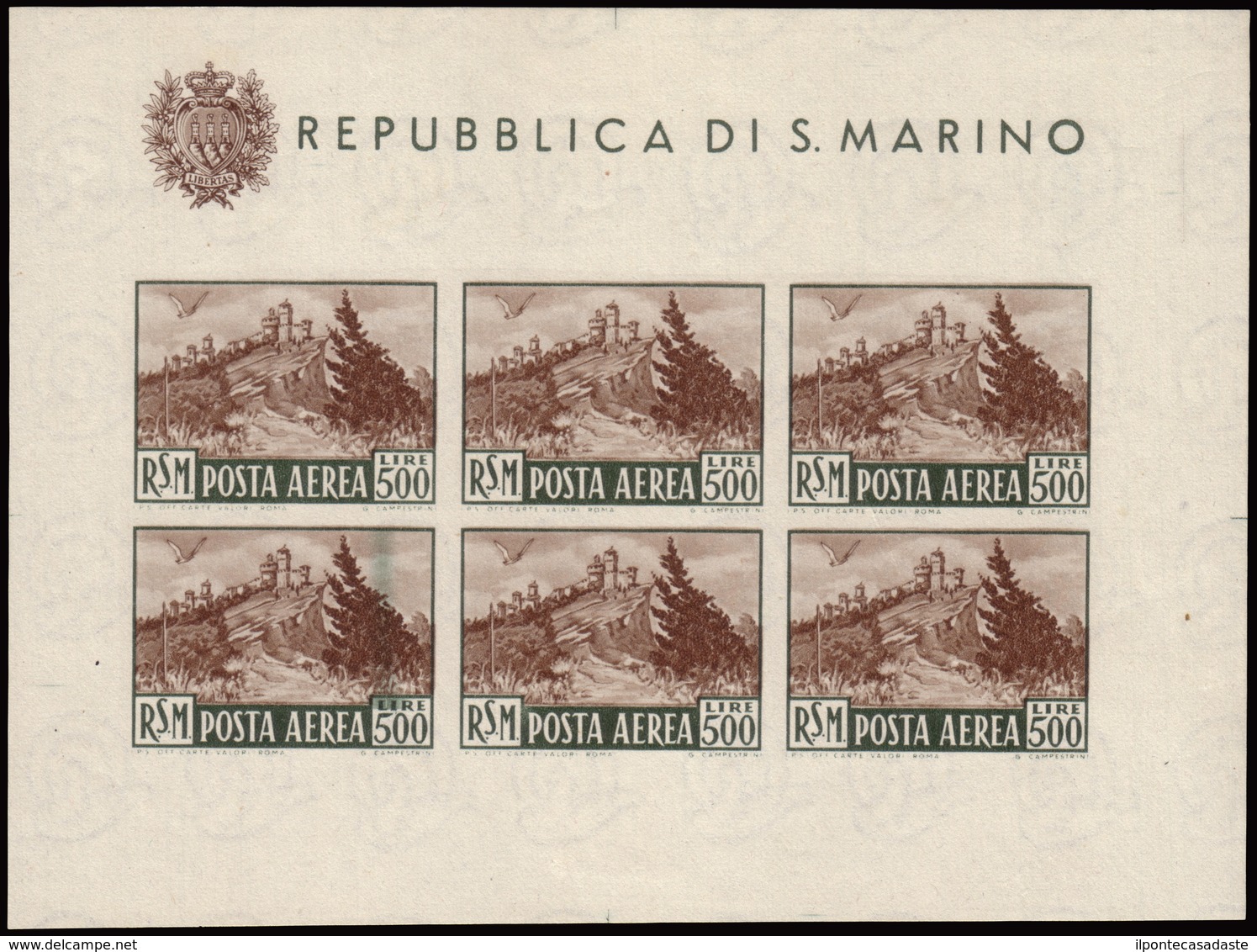 MH ) SAN MARINO 1951 | Varietà. Foglietto Posta Aerea. 500 Lire "Veduta", Non Dentellato, Senza Filigrana - Sonstige & Ohne Zuordnung